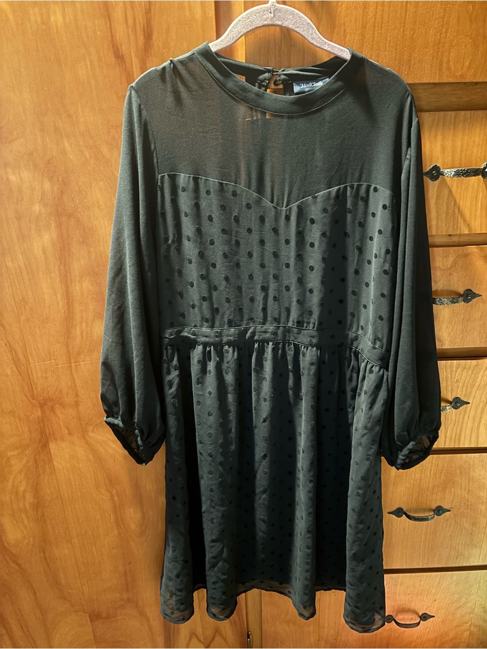 Modcloth Black Long Sleeve Polka Dot Babydoll Dress